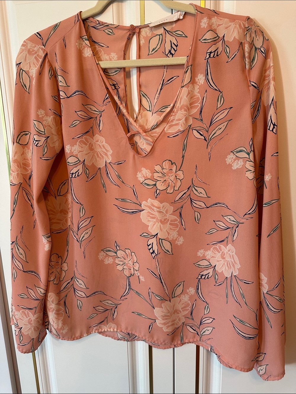 Lush Pink Floral V-Neck Long Sleeve Blouse